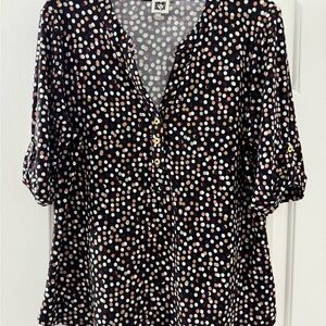 Anne Klein Black V-Neck Polka Dot Blouse with Pink & Cream Dots